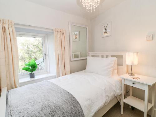 a bedroom with a white bed and a window at Vigo Cottage in Tavistock