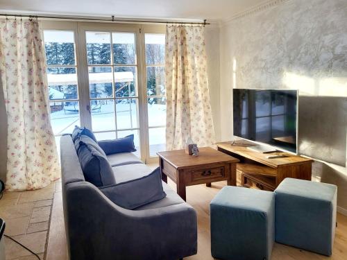 a living room with a couch and a tv and a window at Provence Bystrá - Chopok & wellness 1 in Bystrá