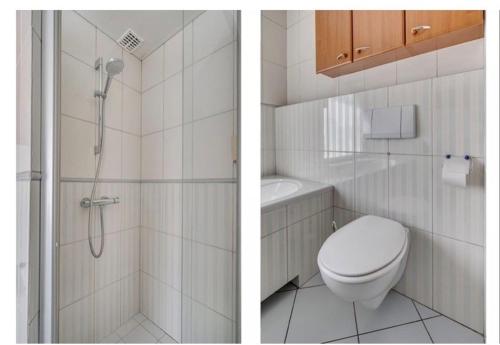 two pictures of a bathroom with a toilet and a shower at Huis Kleur in Grubbenvorst