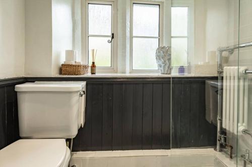 baño con aseo blanco y 2 ventanas en Charming Country Cottage Near Nailsworth en Box