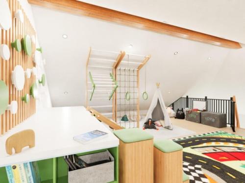 a childs room with a table and chairs and a staircase at Freistehendes Ferienhaus direkt an der Nordsee mit Sauna und Pool! 10 Personen in Sehestedt