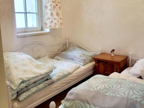 1 dormitorio con 2 camas, mesa y ventana en Apartmán Provence Bystrá Chopok 1, en Bystrá