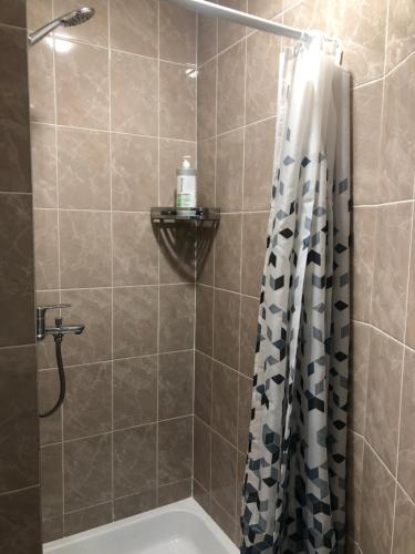 a bathroom with a shower curtain and a tub at Restoranas - Svečių Namai - Restaurant - Guest House Perkūnkiemis in Elektrėnai
