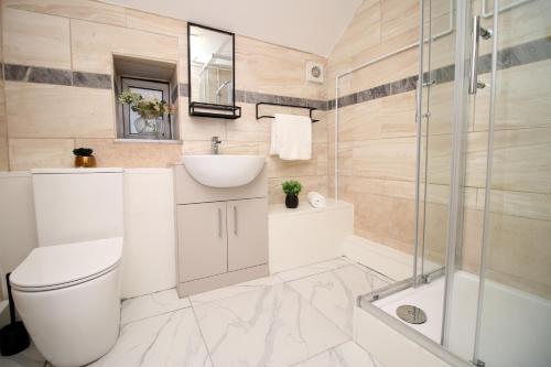 e bagno con servizi igienici, lavandino e doccia. di Stunning 4 Bedroom Flat - Near City Centre a Swansea