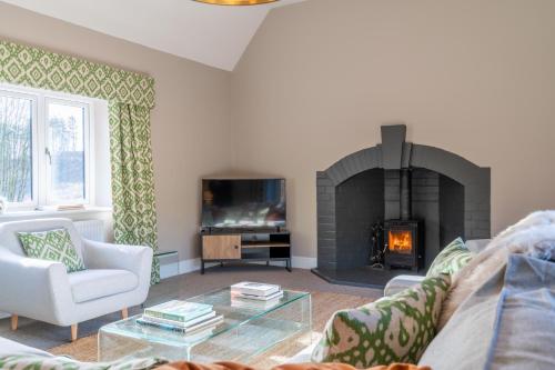 Quarry Lodge في ليدني: غرفة معيشة مع أريكة ومدفأة