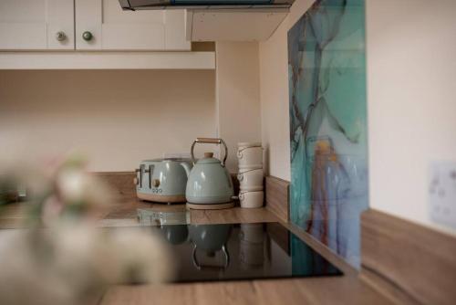 una cocina con ollas y sartenes en una encimera en Braybrooke Cottage, Saffron Walden en Saffron Walden