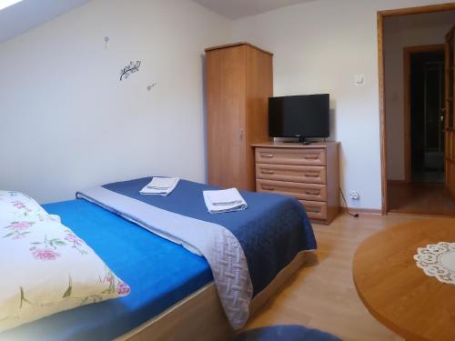 ein Schlafzimmer mit einem Bett und einem TV auf einer Kommode in der Unterkunft Apartament AGA13 in Mikołajki