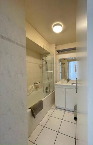 une salle de bain avec douche et lavabo dans l'établissement Appartement bord de Mer ・Le rivage・, à Piriac-sur-Mer