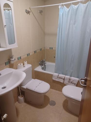 łazienka z toaletą, umywalką i prysznicem w obiekcie Hotel 2 de mayo 2 w mieście Xinzo de Limia