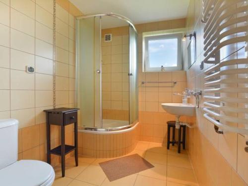a bathroom with a shower and a sink and a toilet at Agroturystyka Nad Bugiem Szuminka in Szuminka