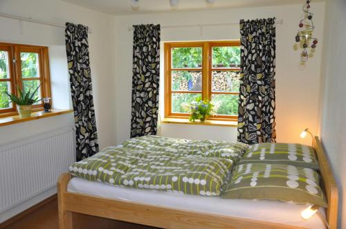 a bedroom with a bed and two windows at Hof Tummetott in Mittelangeln