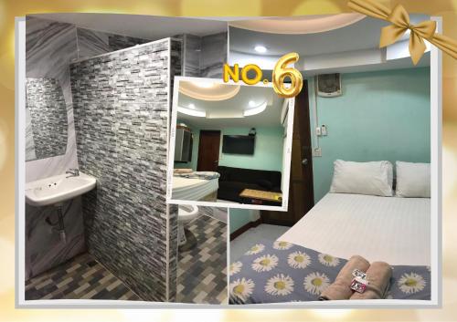 a collage of three pictures of a bedroom and a bathroom at Bankhunchang Ramkhamhaeng hotel in Ban Zong Katiam