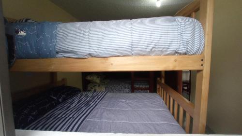 a bunk bed with a blue and white blanket on it at Patrick's House in Baños