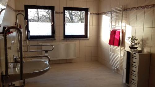 baño con bañera y lavamanos y 2 ventanas en Ferienwohnung 2, en Schmogrow