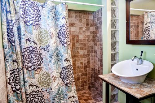 un bagno con tenda da doccia e lavandino di Vieques Island House with Caribbean Views and Pool! a Vieques