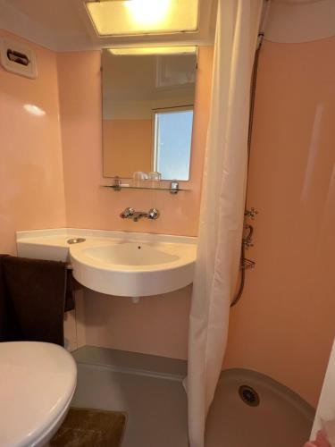 a bathroom with a sink and a toilet and a mirror at Les Merisiers B&B - Thorenc in Thorenc