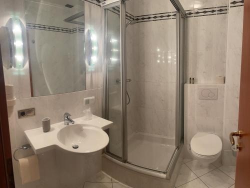 W łazience znajduje się prysznic, umywalka i toaleta. w obiekcie Hotel de la Station w mieście Scheidgen
