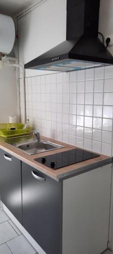 une cuisine avec un évier et une cuisinière four supérieur dans l'établissement magnolia, appartement lumineux et agréable, à Arleux-en-Gohelle
