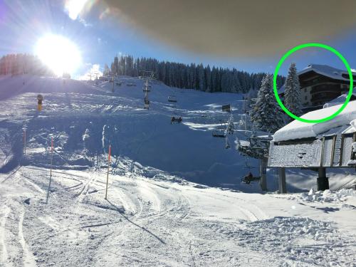 eine schneebedeckte Skipiste mit einem grünen Kreis darauf in der Unterkunft The Mountain Home in Hermagor