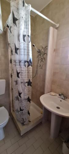 La salle de bains est pourvue d'un rideau de douche, de toilettes et d'un lavabo. dans l'établissement Donana 91, à Lagos