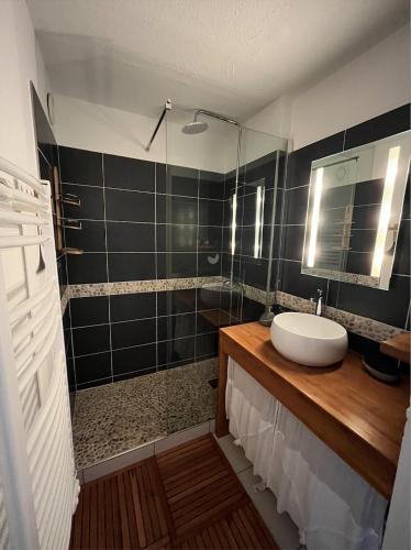 une salle de bain avec un lavabo et une douche dans l'établissement Appartement face à la plage, à Saint-Raphaël