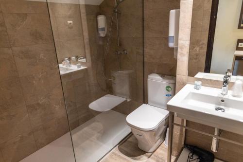 a bathroom with a shower and a toilet and a sink at Hotel Port 1730 in La Coma i la Pedra