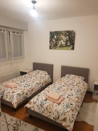 two beds sitting next to each other in a room at Magnifique T2 au centre ville in Cluses