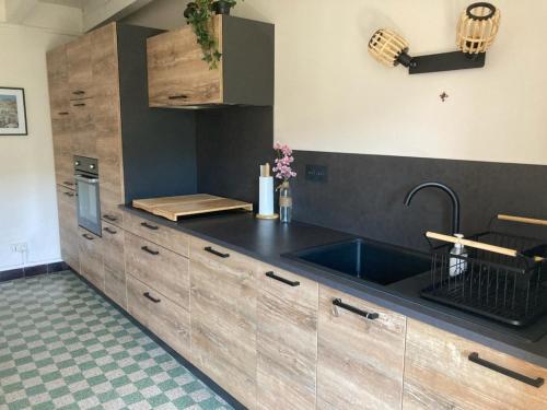 eine Küche mit einer Spüle und einer Theke in der Unterkunft Gîte Miss Cardabelle in La Bastide-Pradines