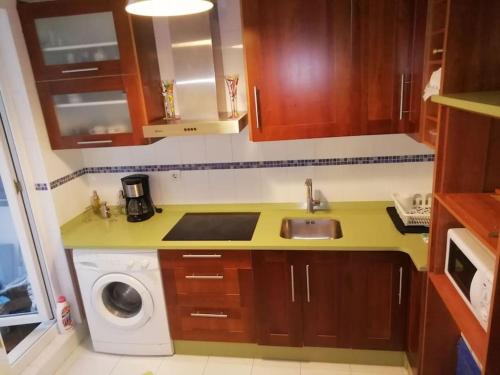 een keuken met een wastafel en een wasmachine bij TESOROS DE CANTABRIA apart.Luna G101687 in Ampuero