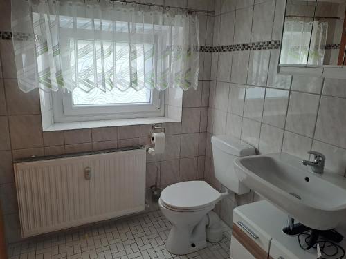 a bathroom with a toilet and a sink and a window at Ochmanns Ferienwohnung in Meschede