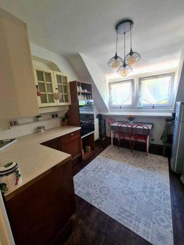 une cuisine avec un comptoir et une table avec des chaises dans l'établissement Appartement centre ville terrasse jardin garage chez Priscilla, à Aurillac