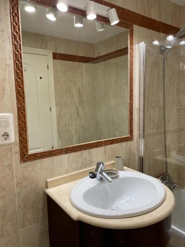 y baño con lavabo, espejo y ducha. en Elviria Marbella Pinogolf en Marbella