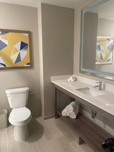 a bathroom with a toilet and a sink and a mirror at Pestana Orlando Suites - Lake Buena Vista in Orlando