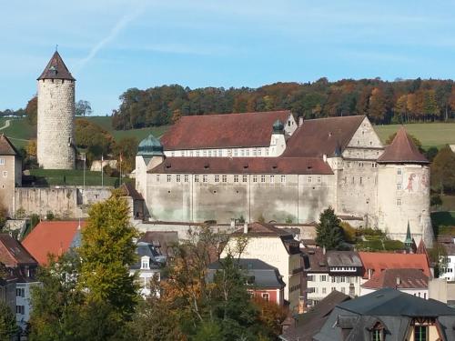 un gran castillo con una torre y edificios en Hostellerie des Princes-Evêques - La Fleur de Lys, en Porrentruy