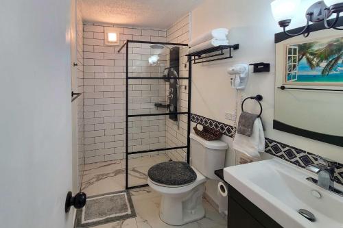 a bathroom with a shower with a toilet and a sink at Coastal Puerto Rican Apartment - Walk to Beach! in Rio Grande