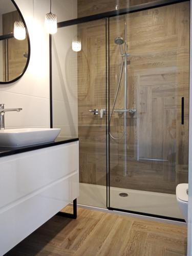 a bathroom with a shower and a sink at Apartament SEVENTH HEAVEN in Uniejow