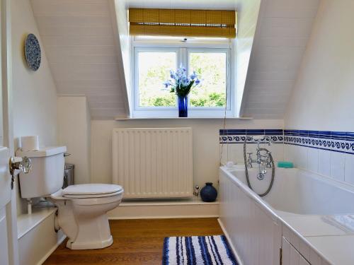 a bathroom with a toilet and a window at Linnets in Fitzhead