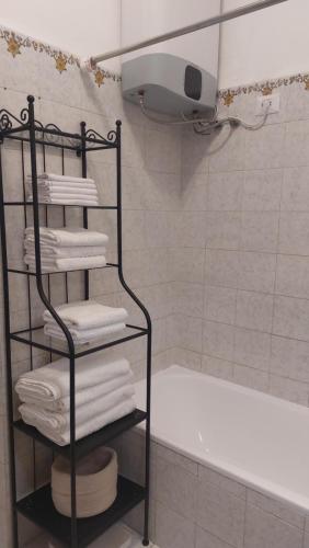 a bathroom with a towel rack next to a bath tub at Appartamento da Miriam in Lido di Ostia