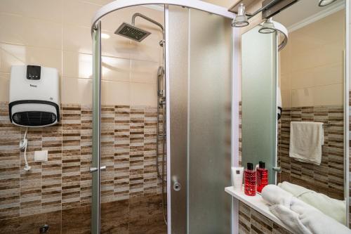 y baño con ducha y puerta de cristal. en Apartmani Niki ZVEKOVICA, en Cavtat