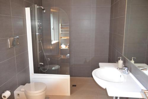 Un baño con ducha, inodoro y lavabo. en Casas Cerejas, en Serra de Mangues