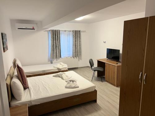 a hotel room with two beds and a television at Vila Palade in Corbu