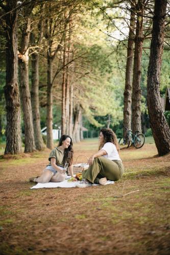 two women sitting on a blanket in a park at Pousada O Cantinho da Raposa in Monte Verde