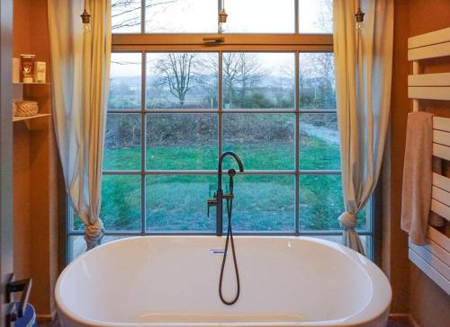 bañera frente a una ventana grande en Tiny Haus auf idyllischem Grundstück im Rittergut, en Klipphausen