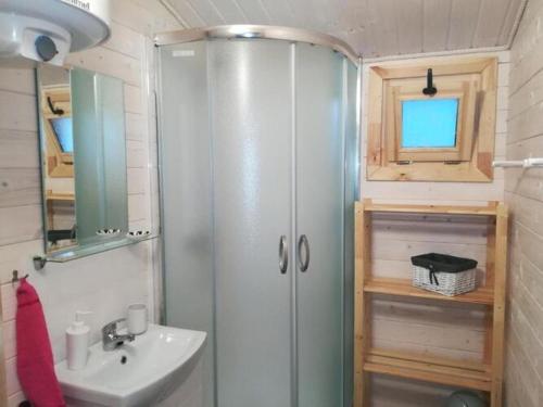 uma pequena casa de banho com um lavatório e um chuveiro em holiday home -, - em Ustronie Morskie