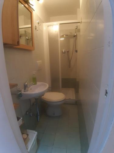 ein Bad mit einem WC, einem Waschbecken und einer Dusche in der Unterkunft CASA ATENA centro storico in Sanremo
