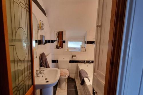 a small bathroom with a sink and a toilet at Seaview cottage North Wales in Penmaen-mawr