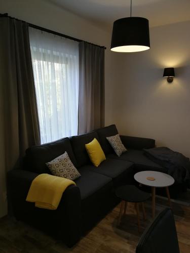 a living room with a black couch and a window at Domek przy lesie 2 in Gdańsk