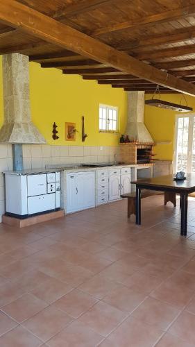 a large kitchen with a table and yellow walls at quinta vale da corga in Murça