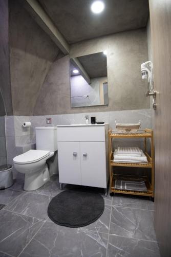 a bathroom with a toilet and a sink and a mirror at THOMAS LUXURY MAISONETTE in the Historical Center of Ioannina in Ioannina