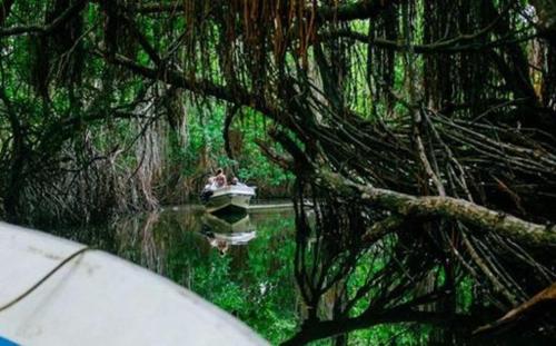 two people in a boat on a river with trees at Sriyan Villa in Beruwala